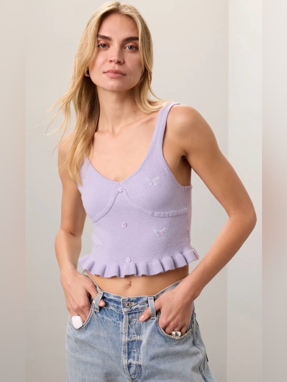 Louna Knit Purple Crop Top with Embroidered Butterflies